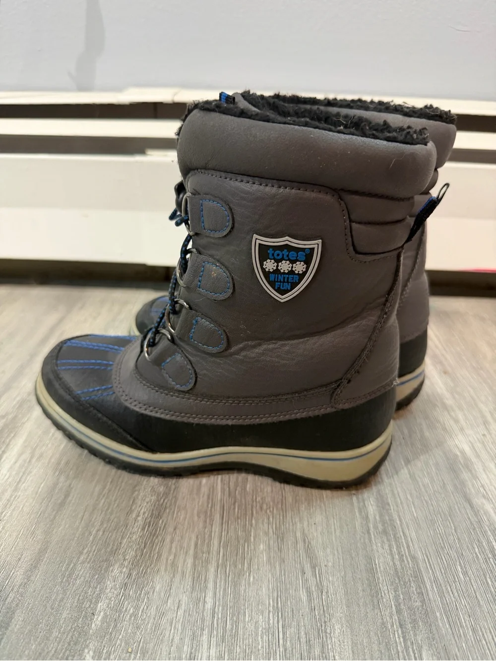 totes Kids Gray Boots with Blue Stitching